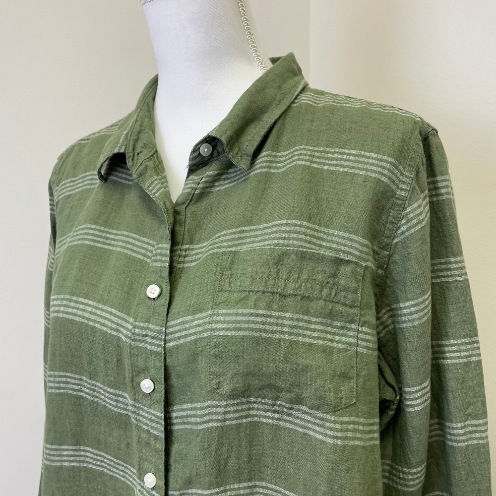 L.L.Bean Green Striped 100% Linen Button Down Shirt Womens Large Petite - Picture 2 of 15